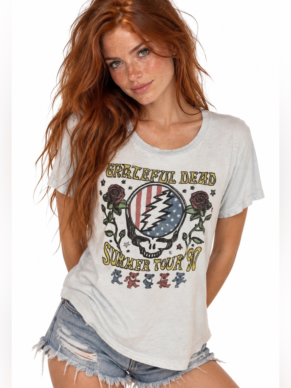 Grateful Dead Lucky Brand Tee Small Summer Tour 90 Embroidered Stealie Rose Grap